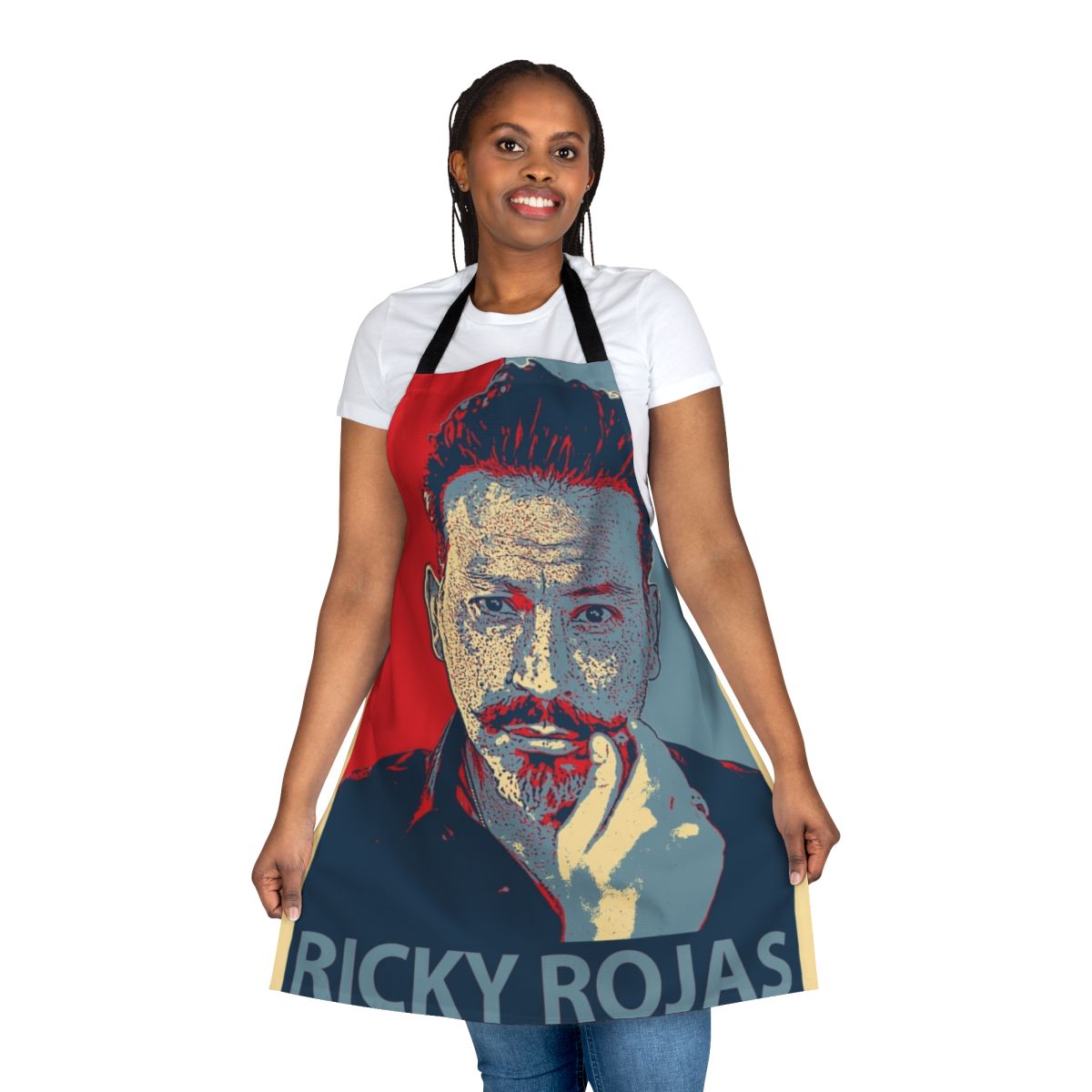 Ricky Rojas-themed apron with stylized design
