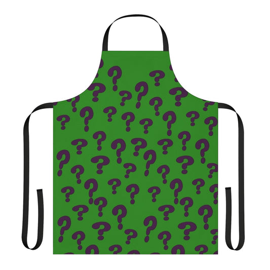 A blue and purple apron featuring the iconic Riddler question mark design, perfect for DC fans and puzzle enthusiasts.