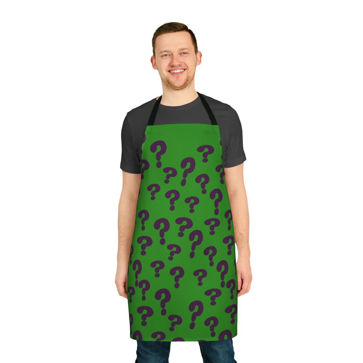 A blue and purple apron featuring the iconic Riddler question mark design, perfect for DC fans and puzzle enthusiasts.