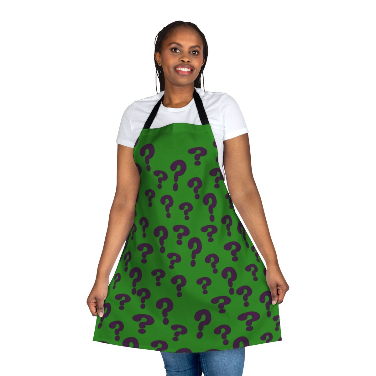 A blue and purple apron featuring the iconic Riddler question mark design, perfect for DC fans and puzzle enthusiasts.