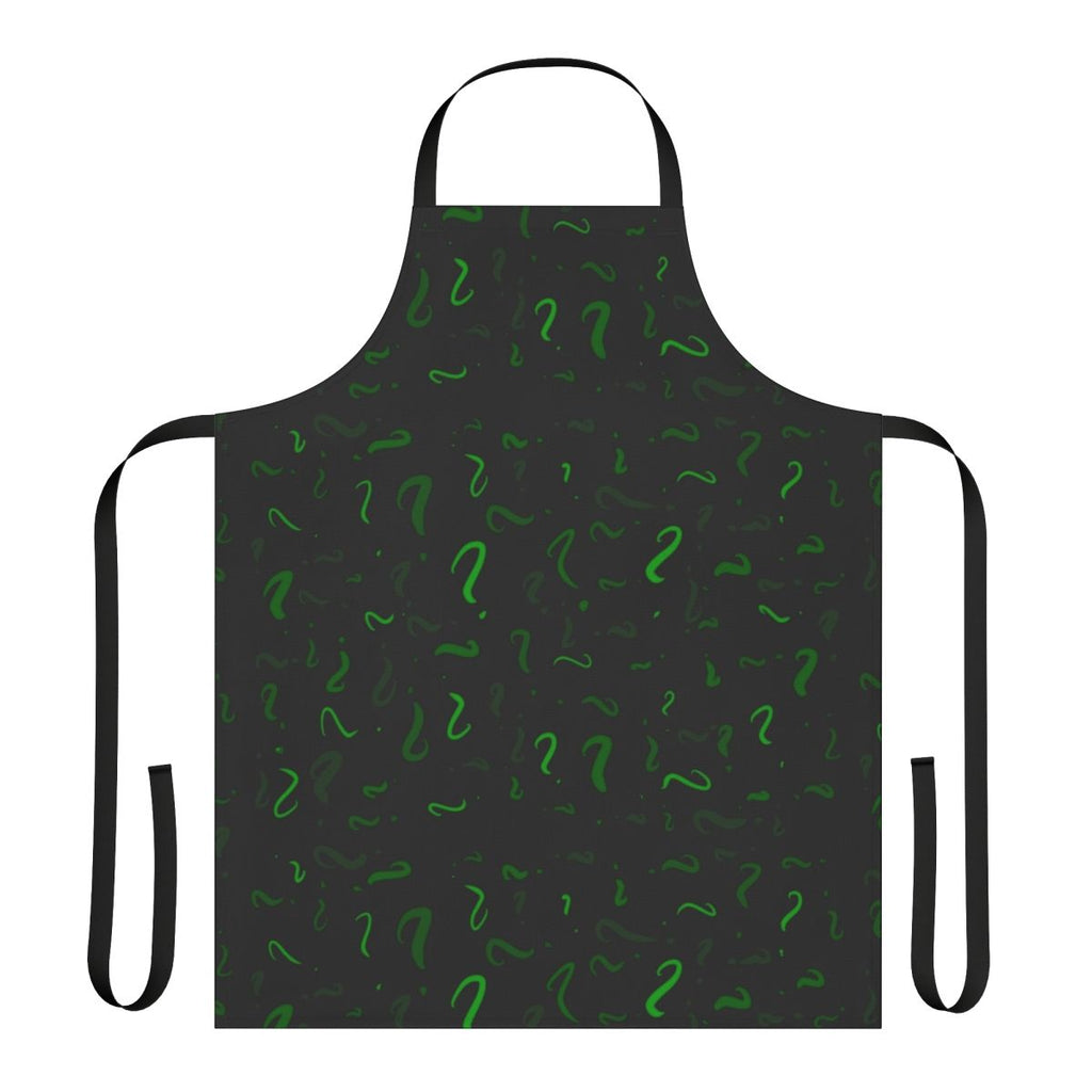 A green apron featuring a question mark pattern, inspired by the Riddler from DC Comics.