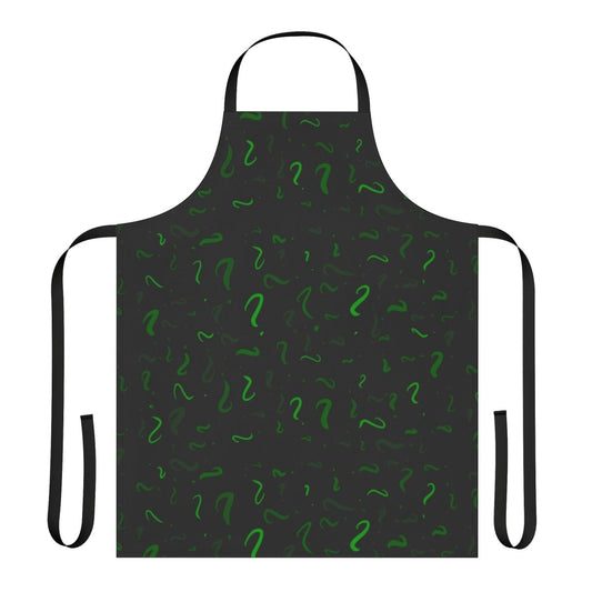A green apron featuring a question mark pattern, inspired by the Riddler from DC Comics.