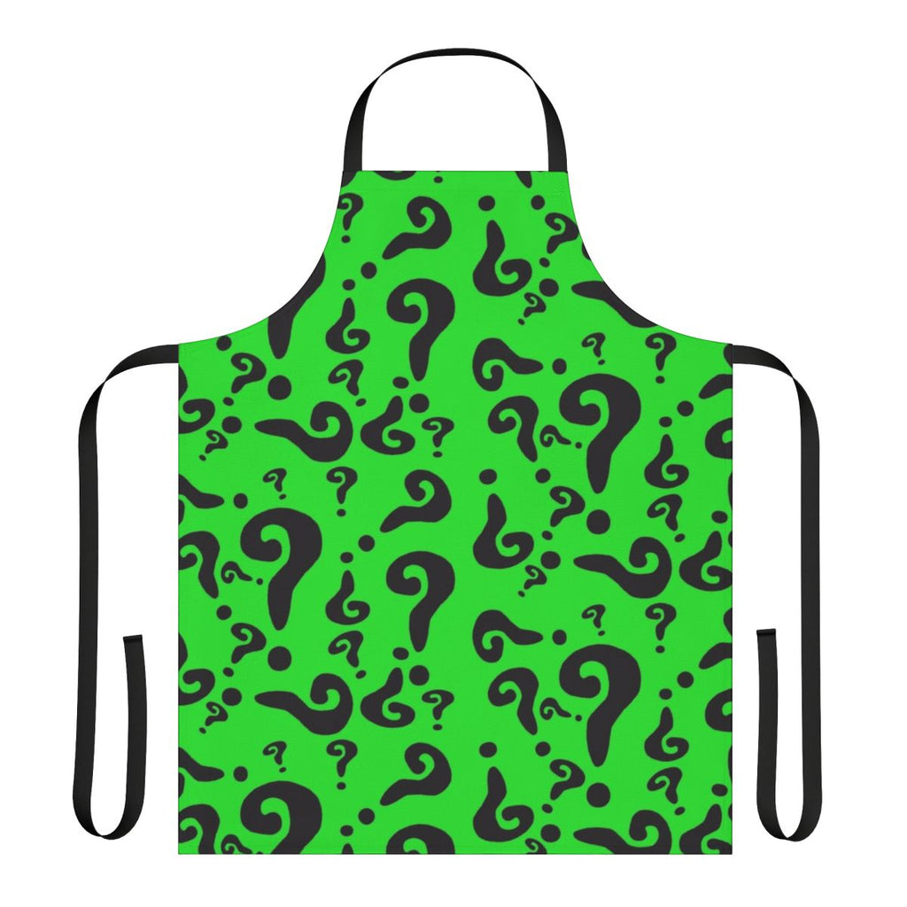 Green apron with question mark design, inspired by The Riddler character from DC Comics