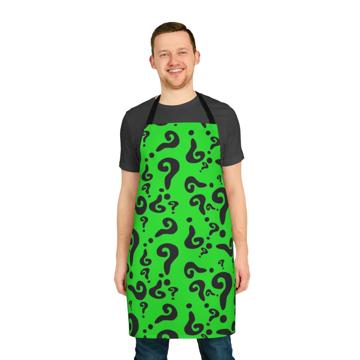 Green apron with question mark design, inspired by The Riddler character from DC Comics