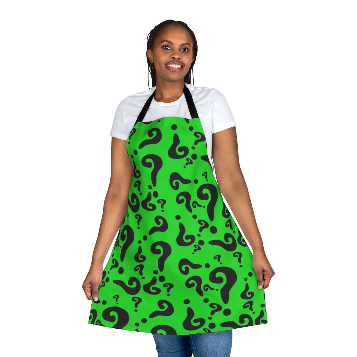 Green apron with question mark design, inspired by The Riddler character from DC Comics