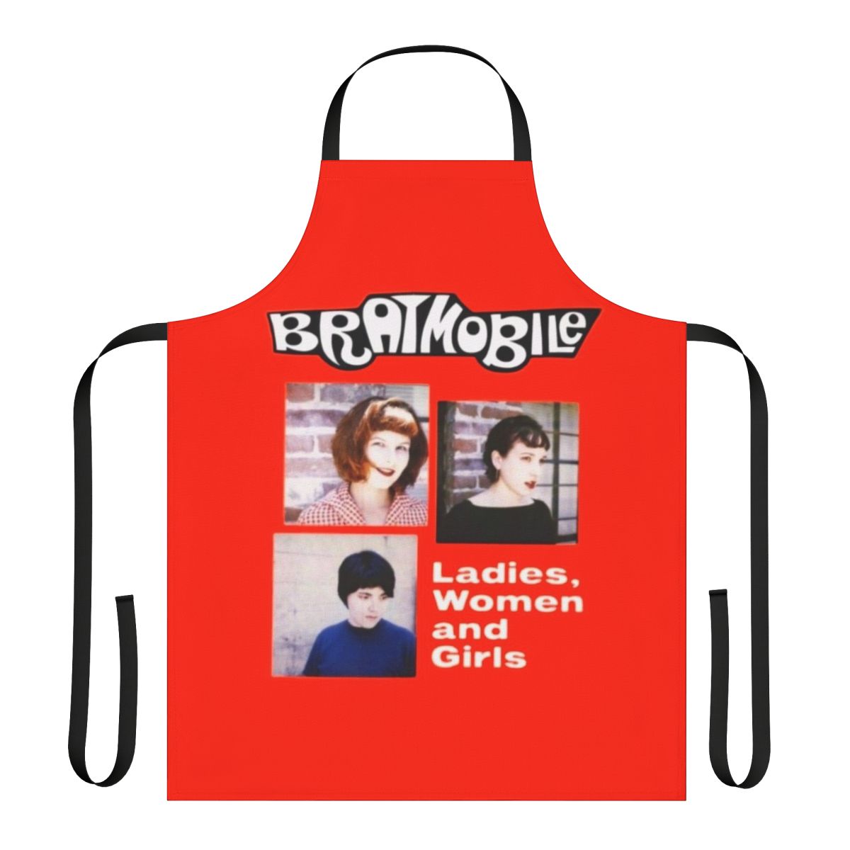 Riot grrrl-themed apron with bold graphics and empowering message