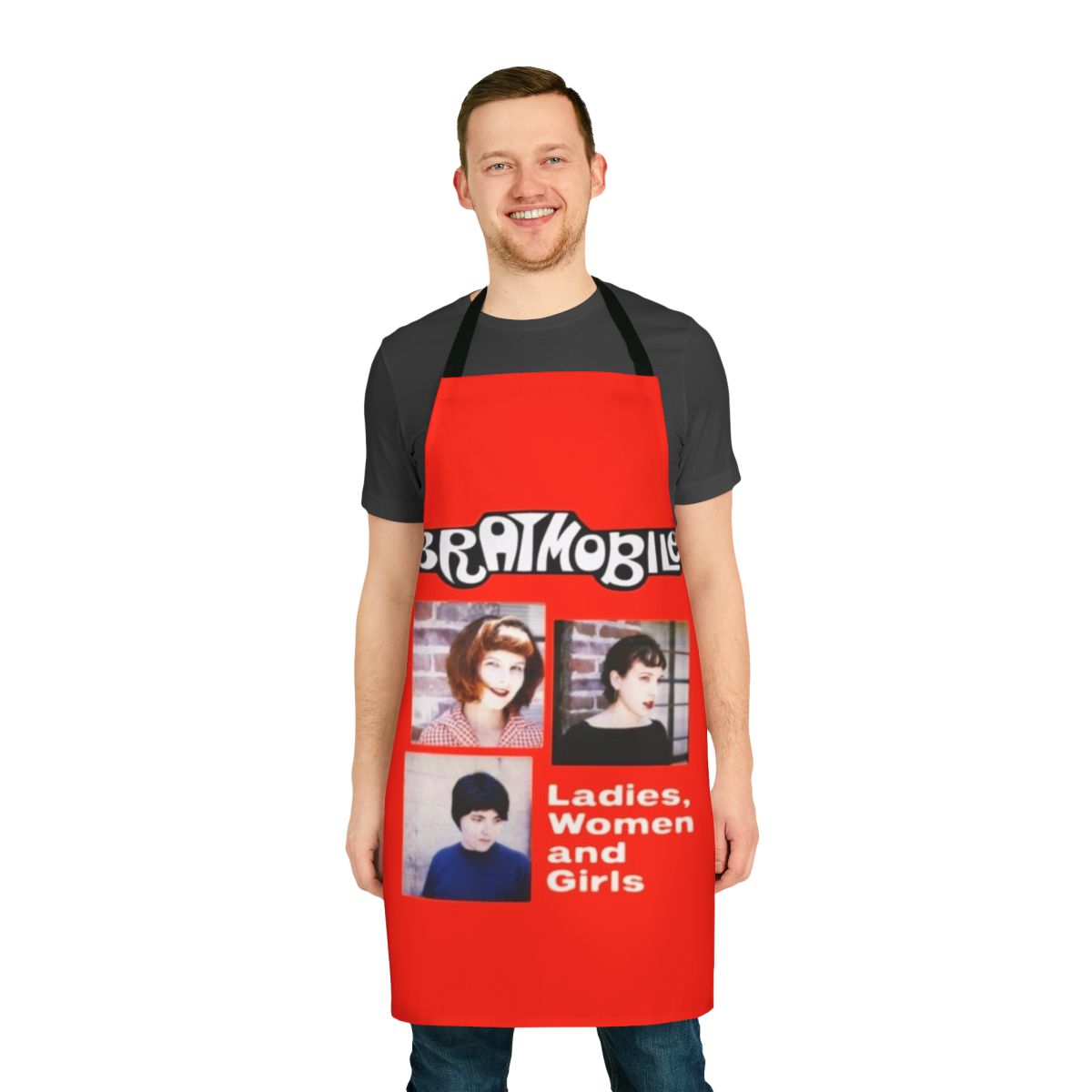 Riot grrrl-themed apron with bold graphics and empowering message