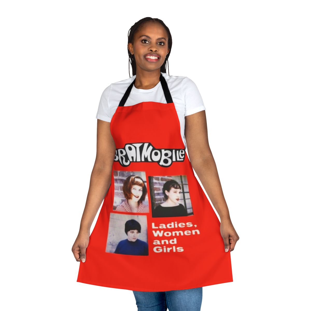 Riot grrrl-themed apron with bold graphics and empowering message
