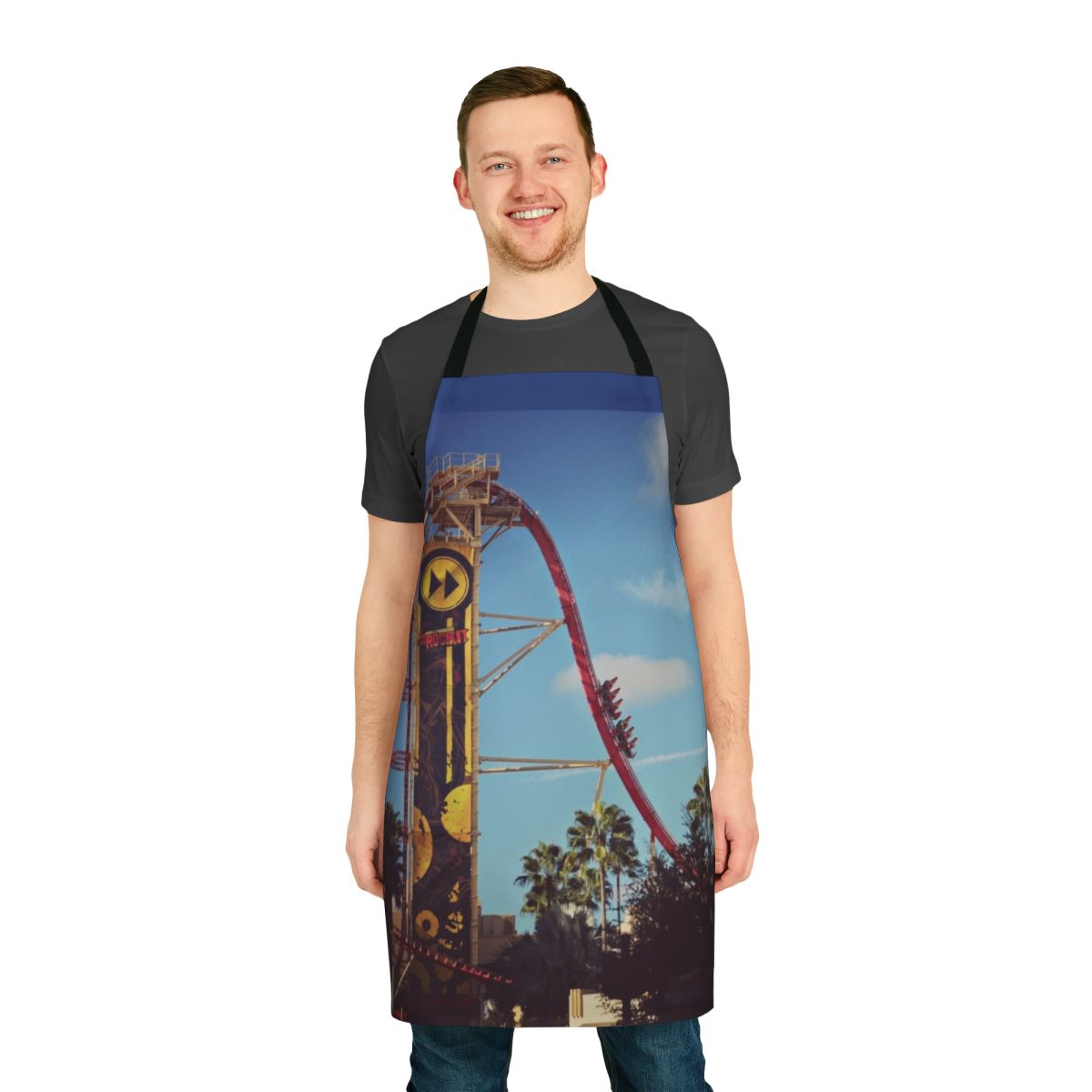 Rip Ride Rockit-themed apron featuring the iconic roller coaster design