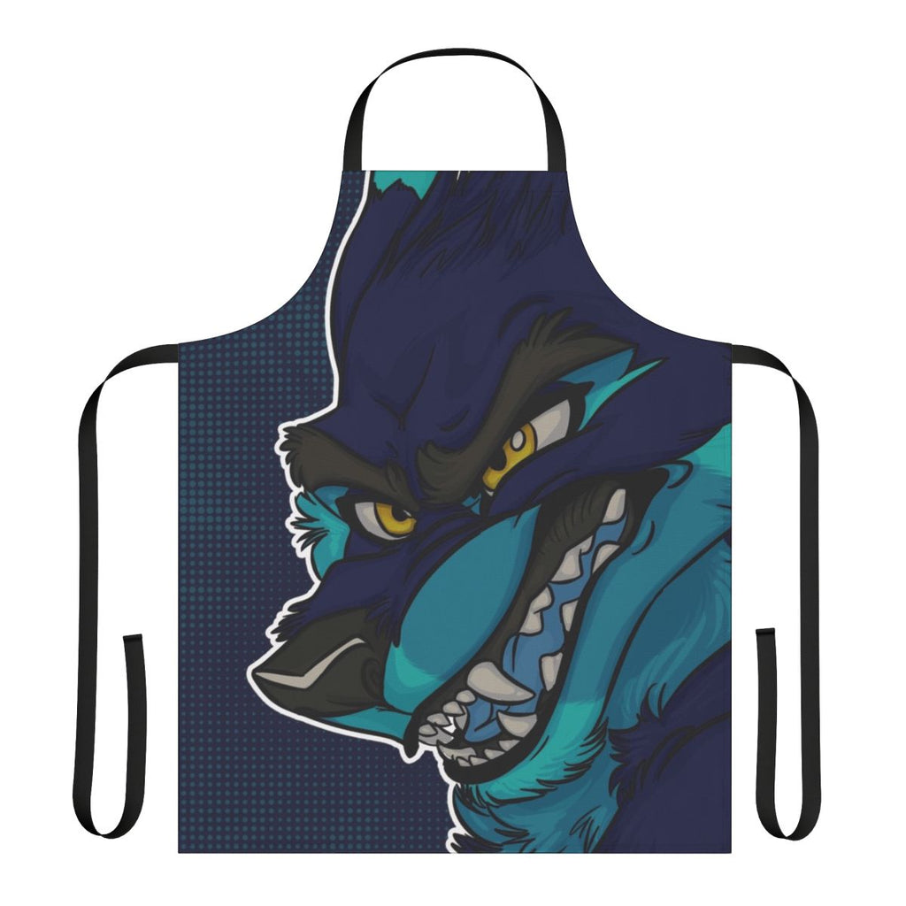 A vibrant blue furry apron with an angry wolf design, perfect for furry enthusiasts.