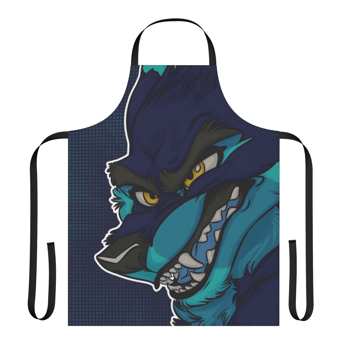 A vibrant blue furry apron with an angry wolf design, perfect for furry enthusiasts.