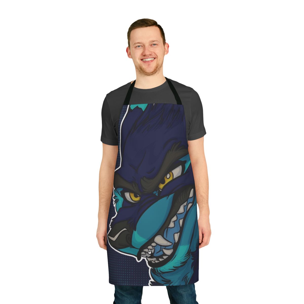 A vibrant blue furry apron with an angry wolf design, perfect for furry enthusiasts.