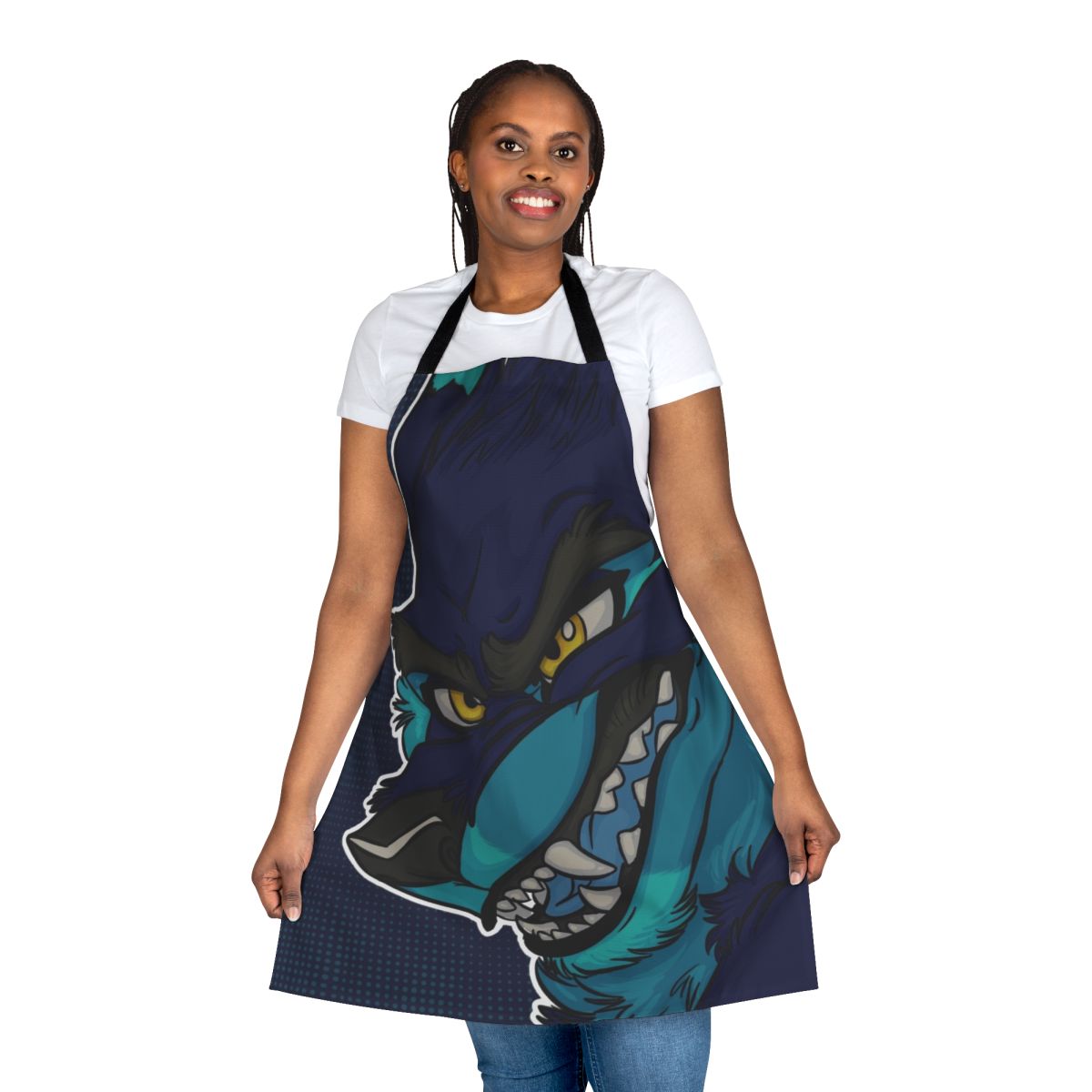 A vibrant blue furry apron with an angry wolf design, perfect for furry enthusiasts.