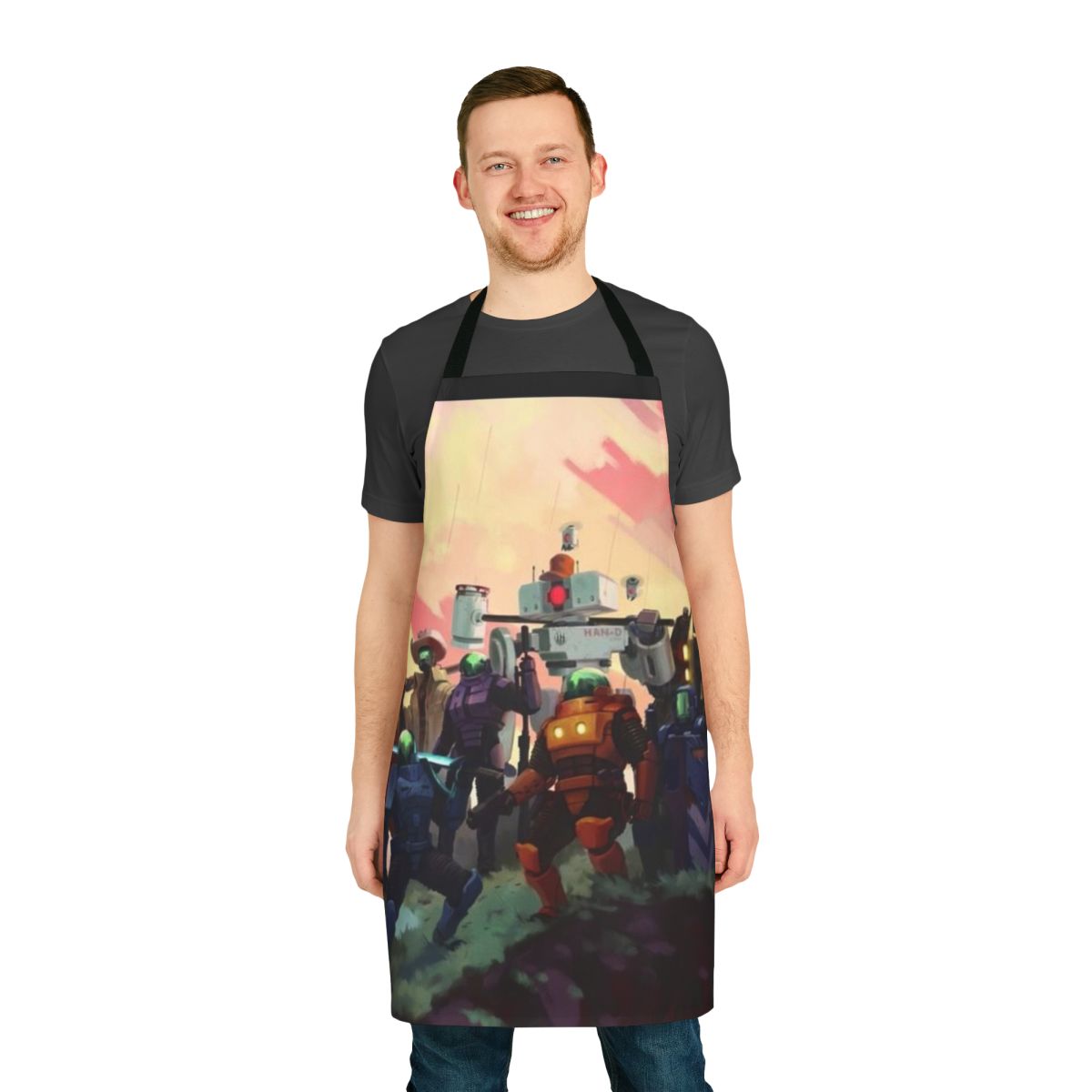 Risk of Rain 2 inspired apron featuring the game's iconic logo and characters