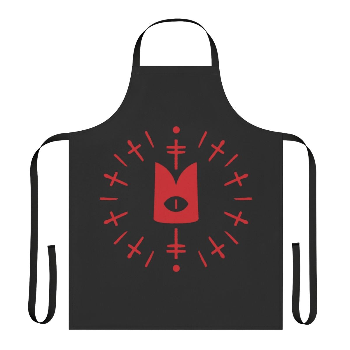 A red apron featuring the cult of the lamb eye crown design, perfect for fans of the game.