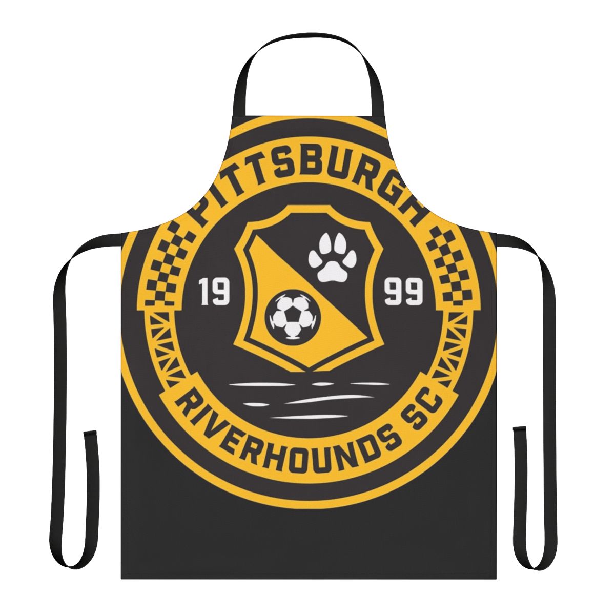 Riverhounds-inspired soccer graphic print on an apron