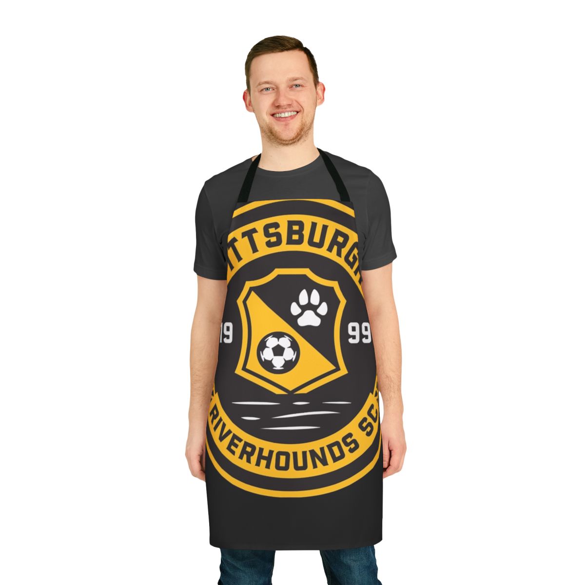 Riverhounds-inspired soccer graphic print on an apron
