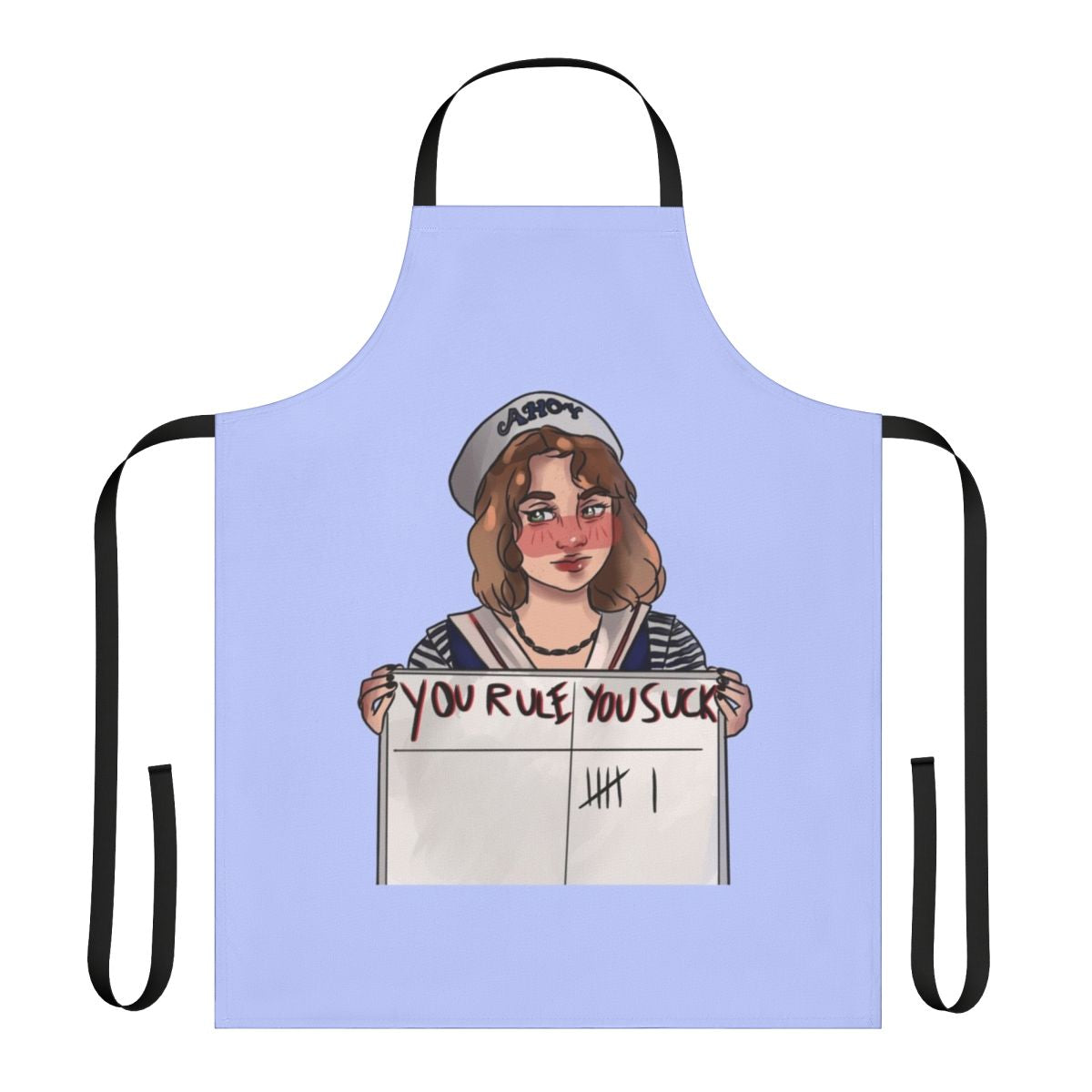 A black apron with the text "Robin Stranger Things You Rule You Suck" printed on it, representing a popular character from the Netflix series Stranger Things.
