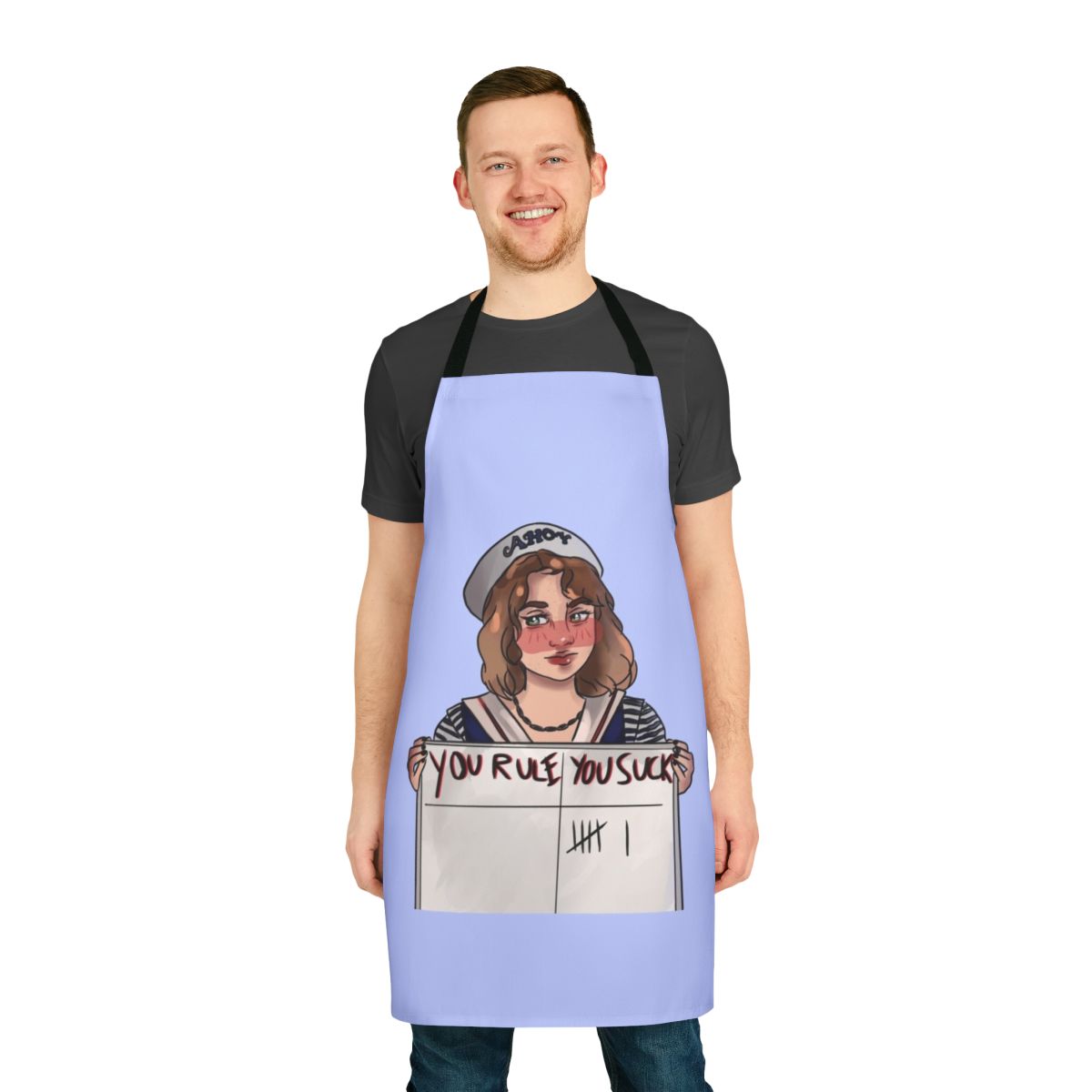 A black apron with the text "Robin Stranger Things You Rule You Suck" printed on it, representing a popular character from the Netflix series Stranger Things.