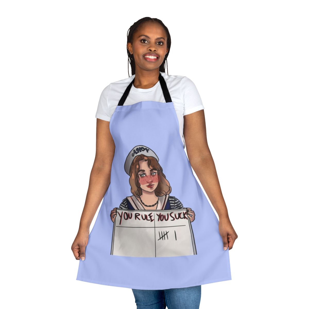A black apron with the text "Robin Stranger Things You Rule You Suck" printed on it, representing a popular character from the Netflix series Stranger Things.