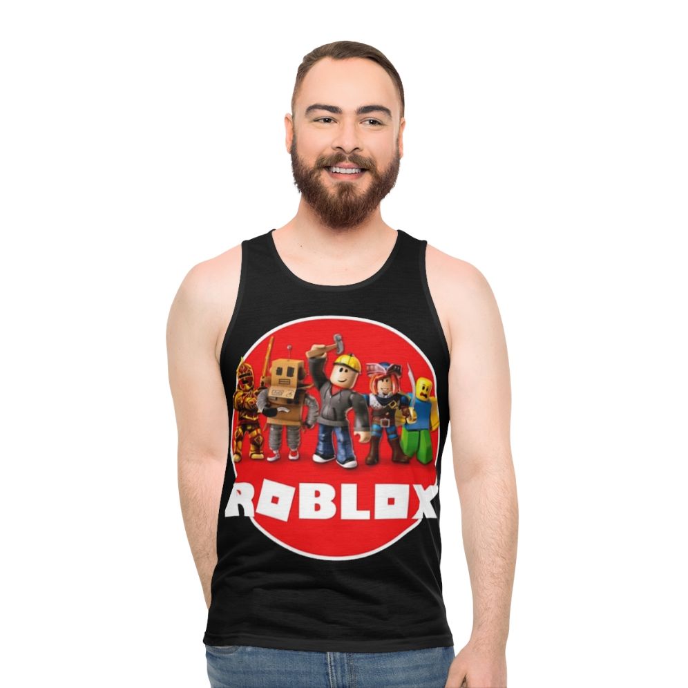 Roblox characters and logo printed on a unisex tank top