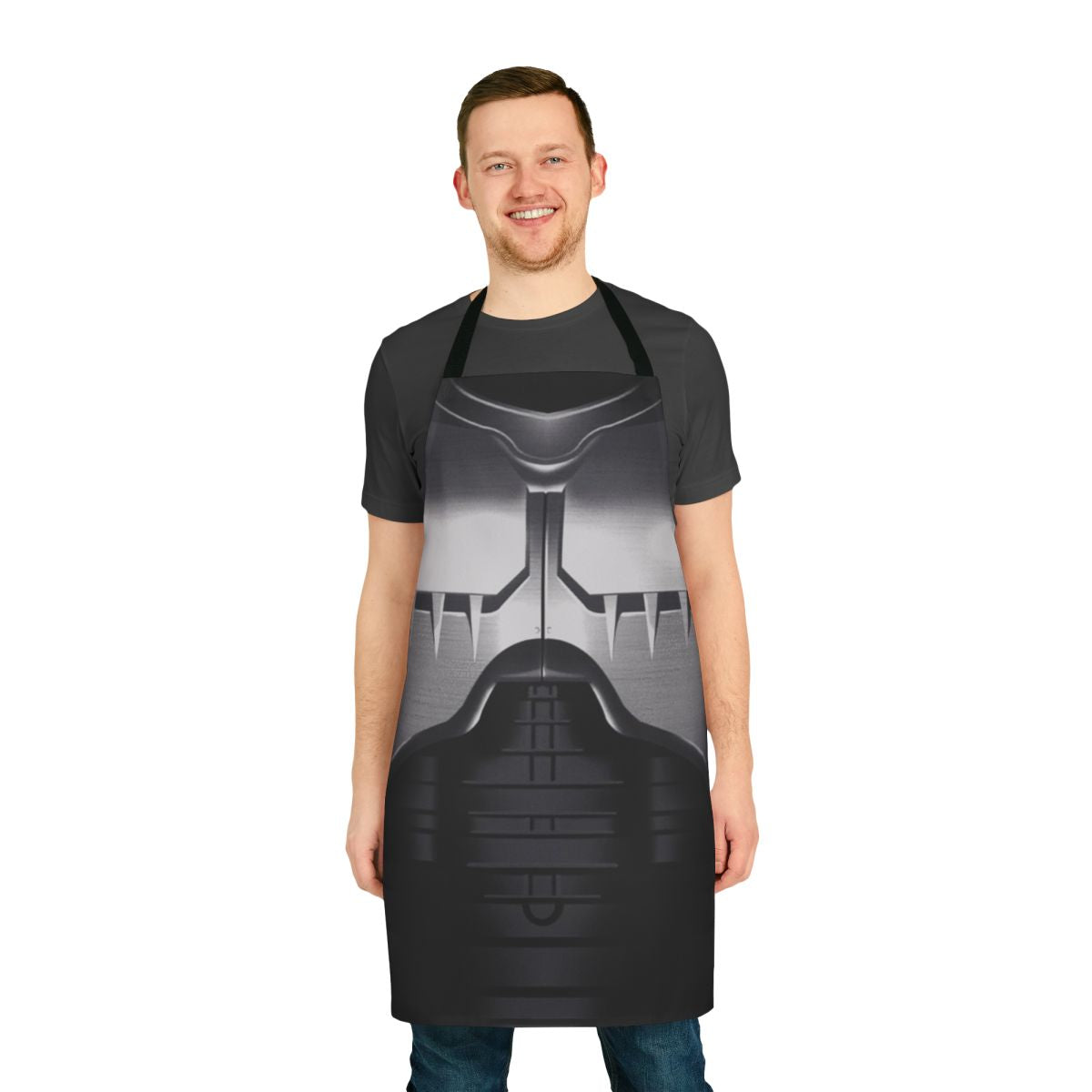 Robocop-inspired chest plate design on a durable apron for cooking and kitchen tasks