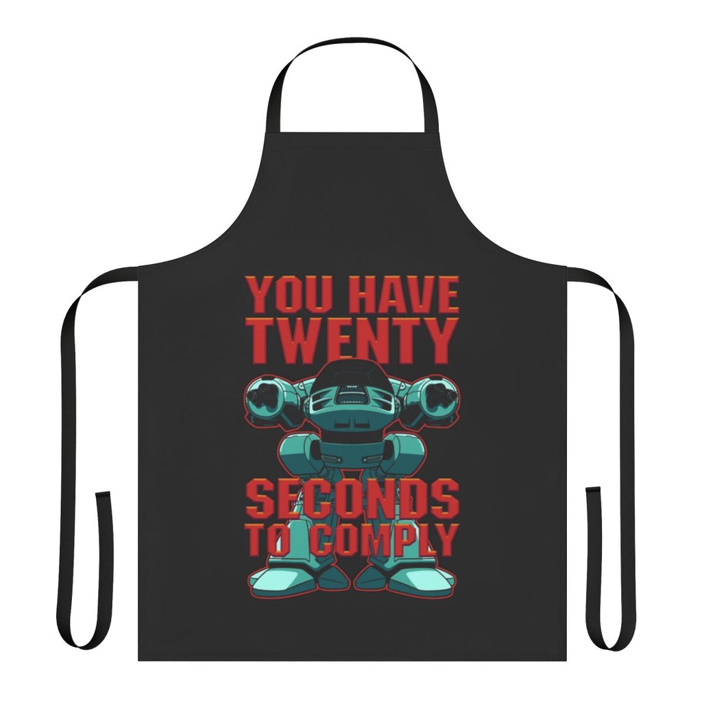 A black apron featuring the iconic ED-209 robot from the Robocop movie.