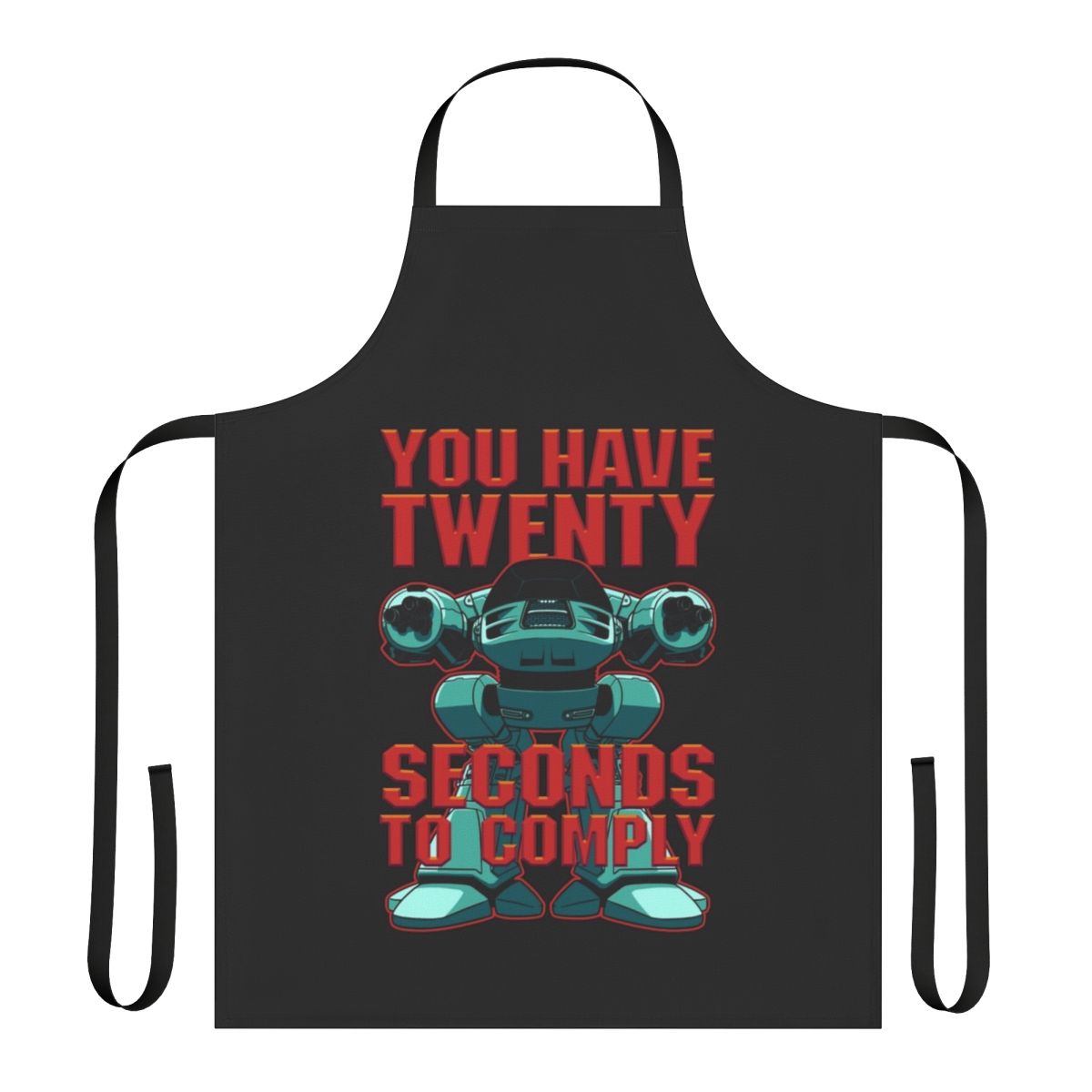 A black apron featuring the iconic ED-209 robot from the Robocop movie.