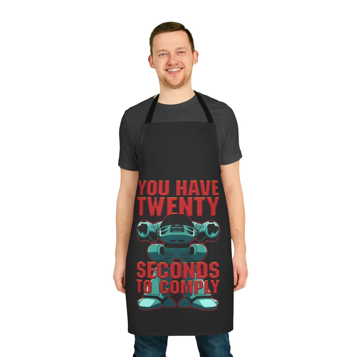 A black apron featuring the iconic ED-209 robot from the Robocop movie.