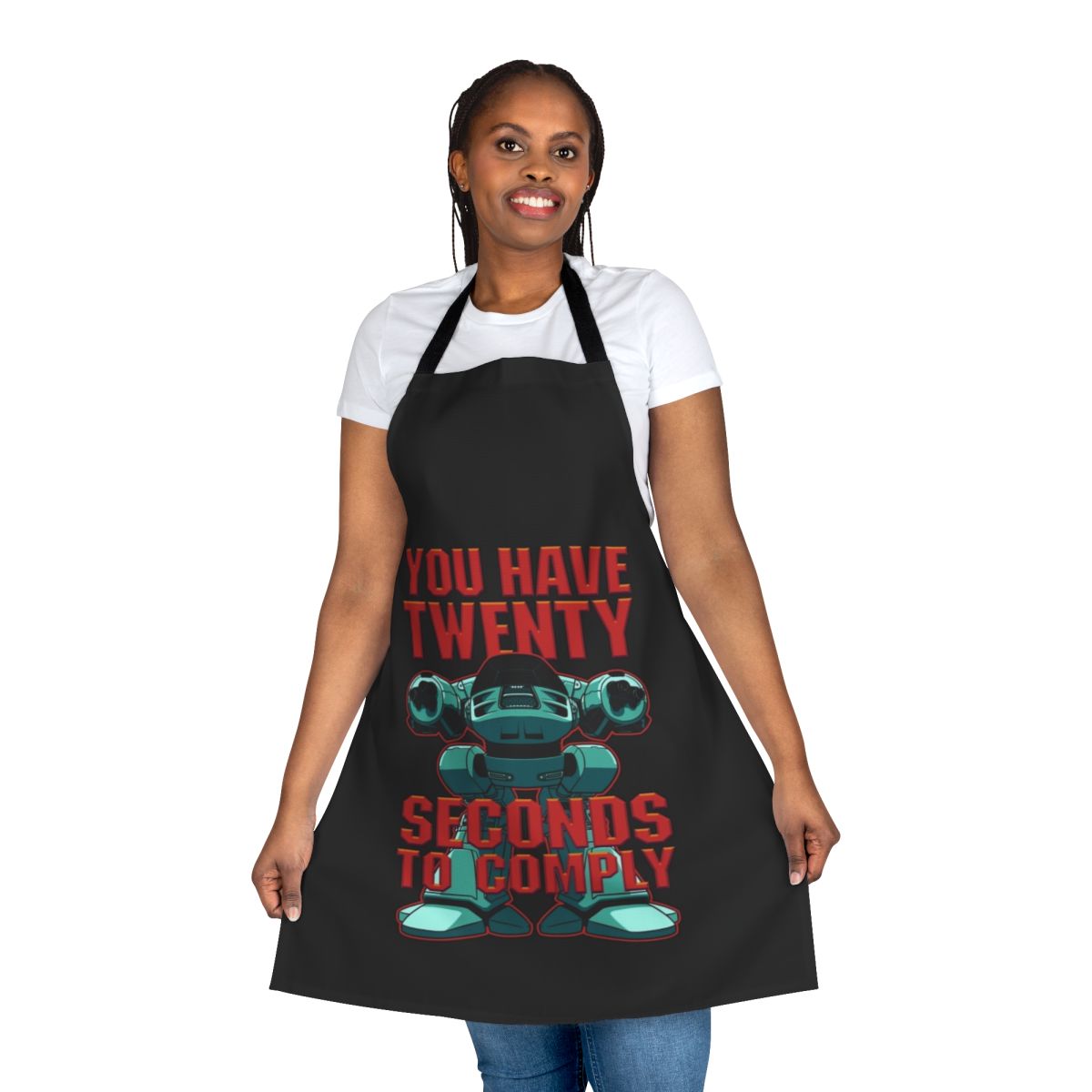 A black apron featuring the iconic ED-209 robot from the Robocop movie.