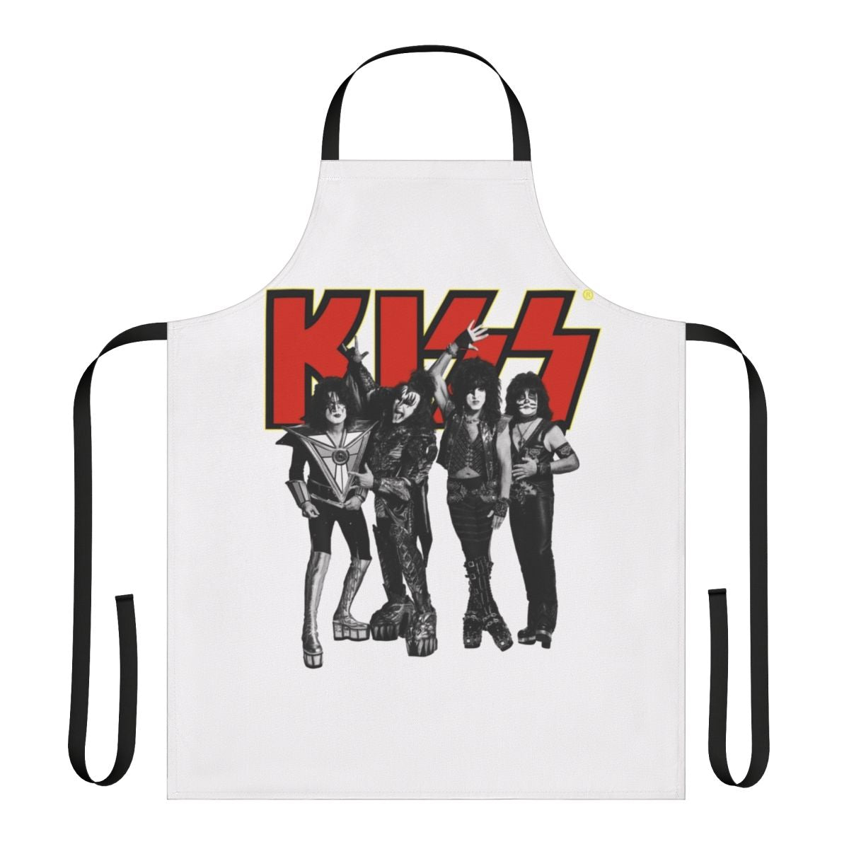 Custom apron featuring a vintage-style Kiss band logo in yellow and red colors