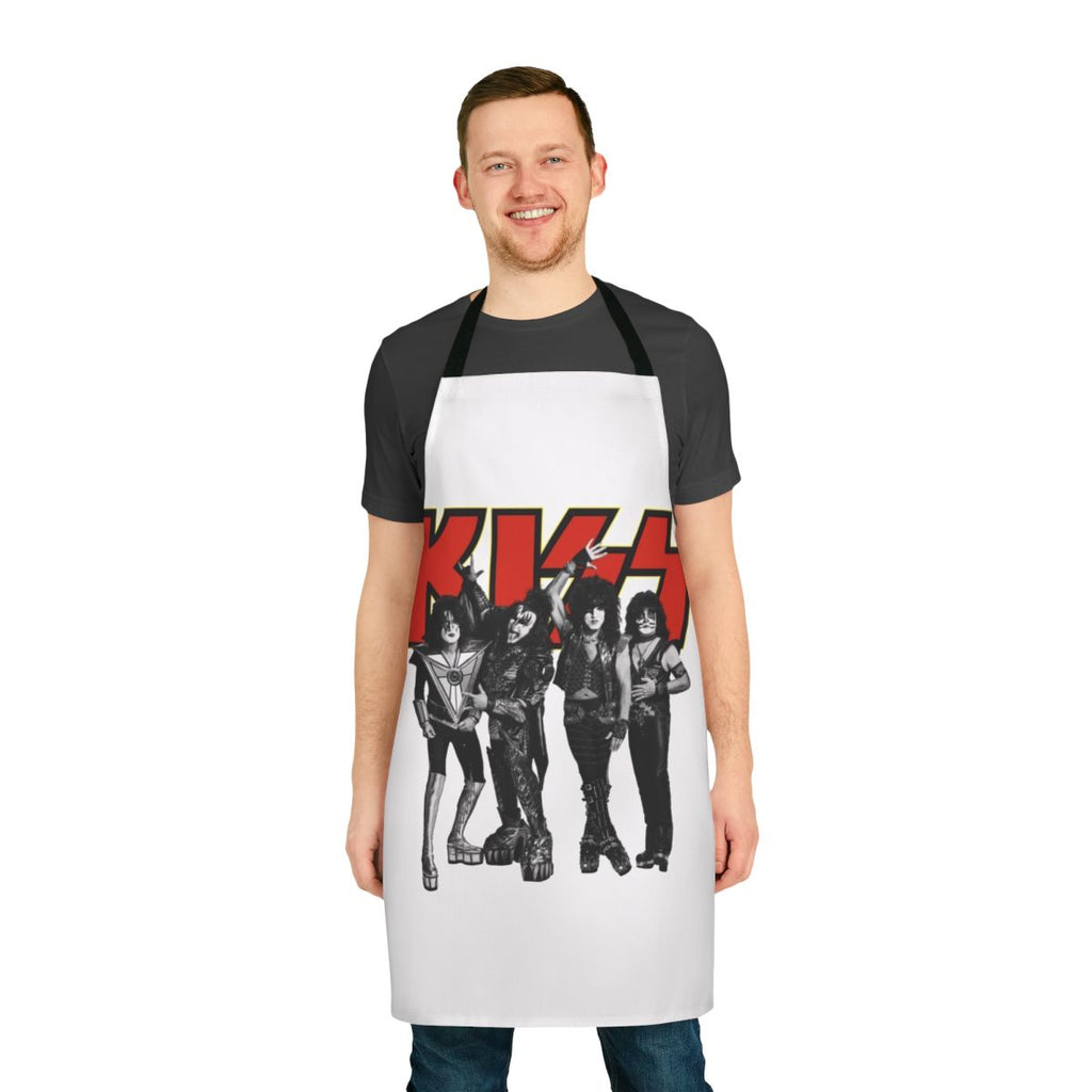Custom apron featuring a vintage-style Kiss band logo in yellow and red colors