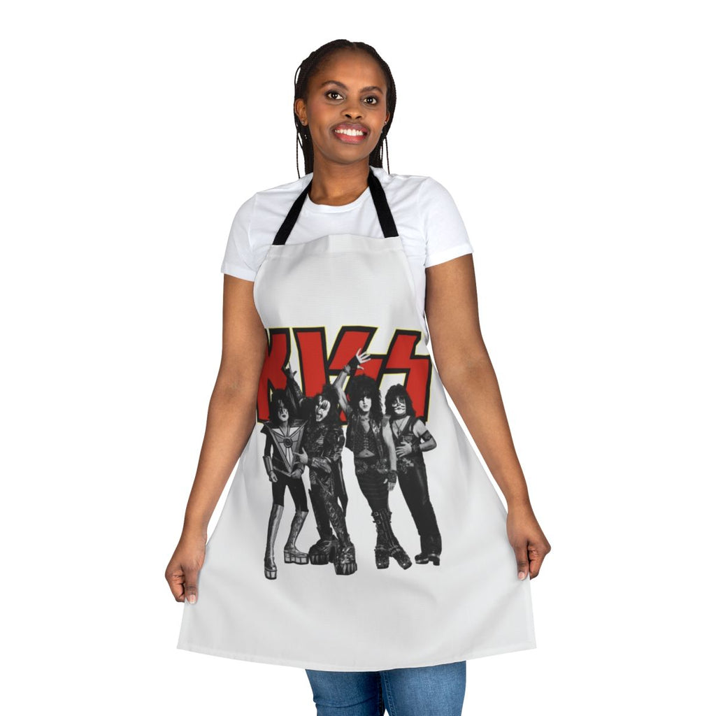 Custom apron featuring a vintage-style Kiss band logo in yellow and red colors