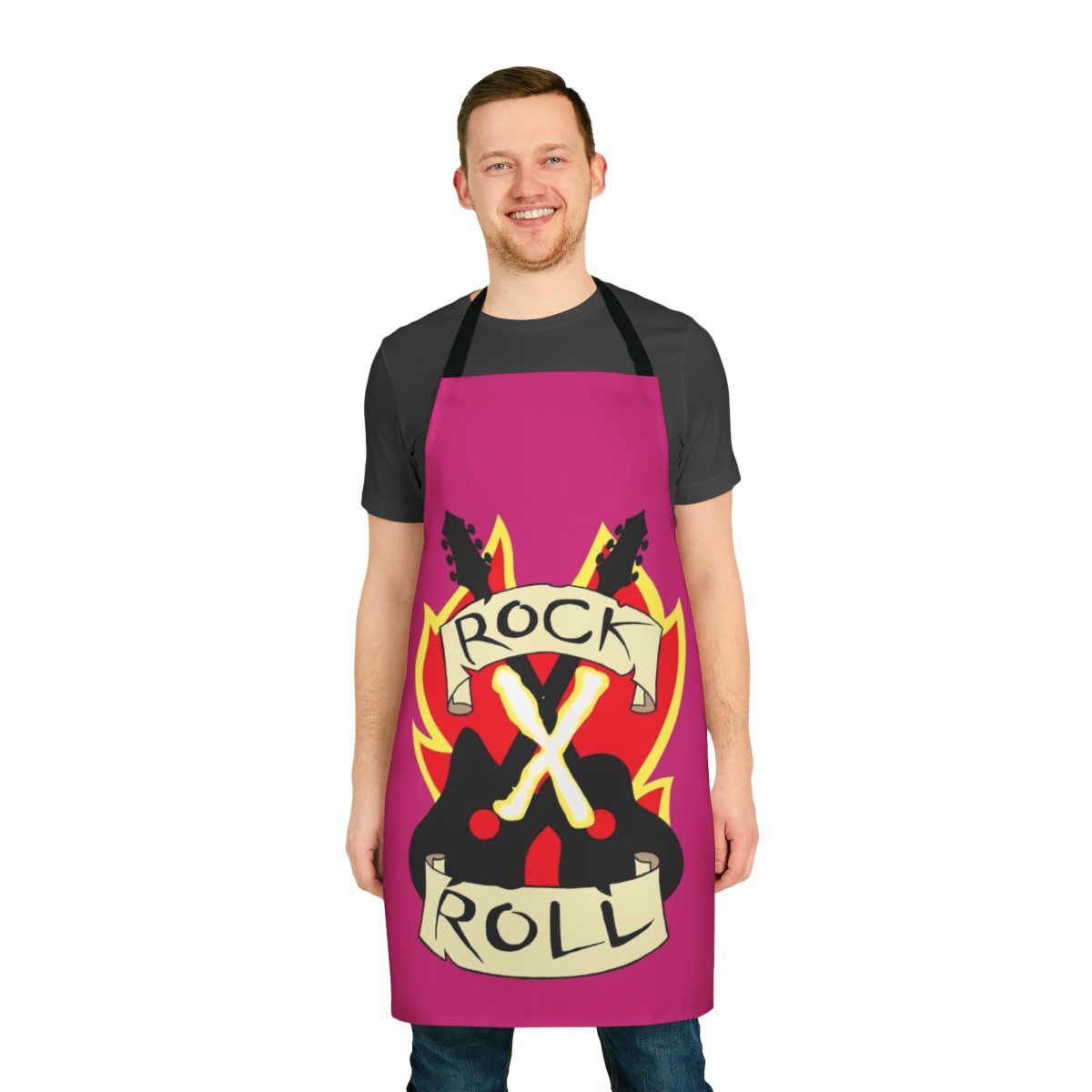 A stylish rock-inspired crop top apron with a bold design for the kitchen