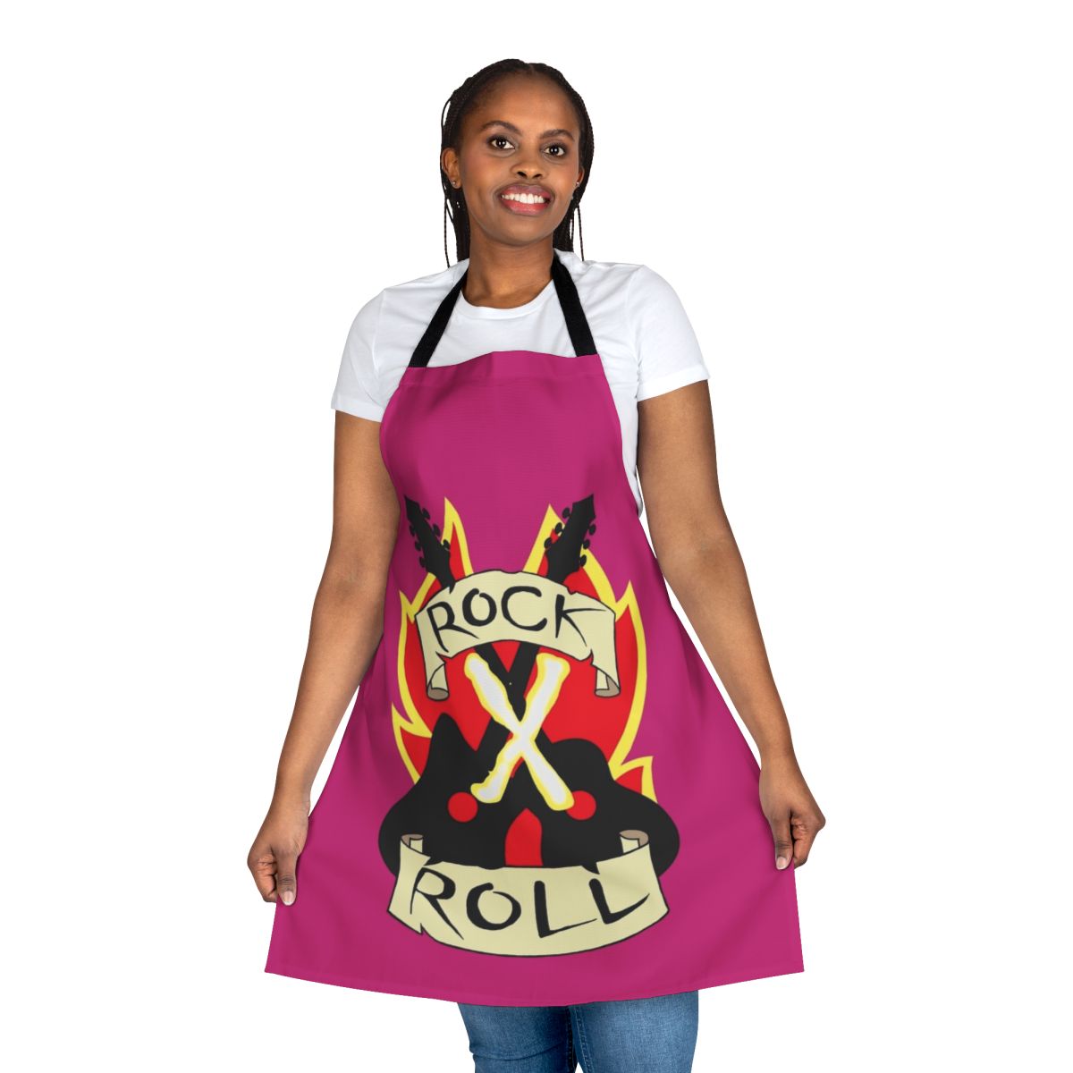 A stylish rock-inspired crop top apron with a bold design for the kitchen