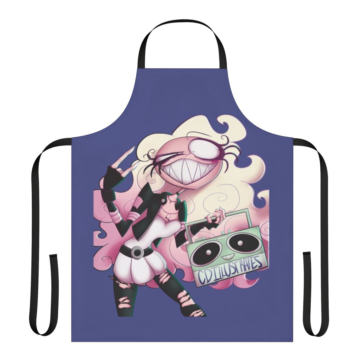 A personalized apron featuring a rock-themed character design, perfect for music enthusiasts in the kitchen.