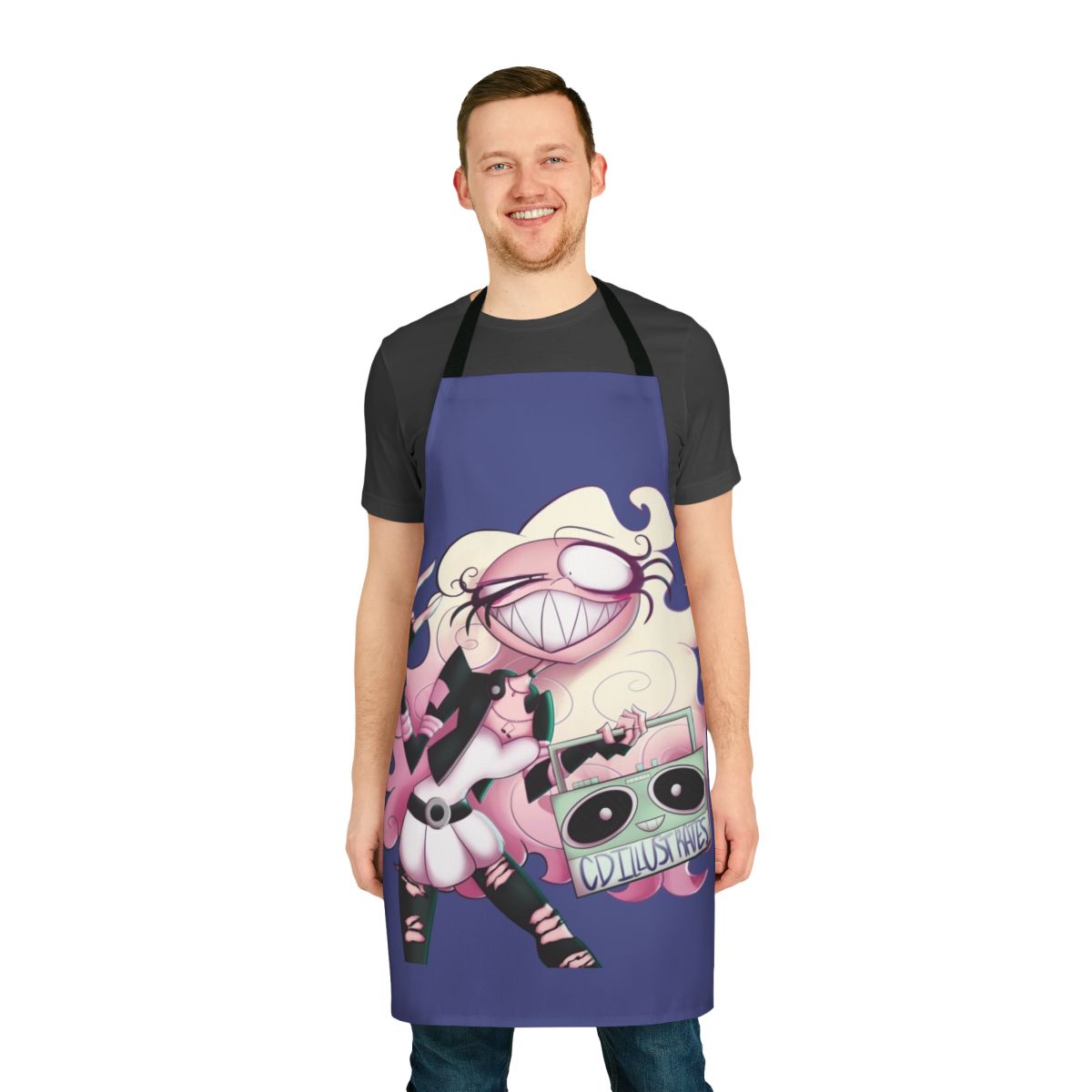 A personalized apron featuring a rock-themed character design, perfect for music enthusiasts in the kitchen.