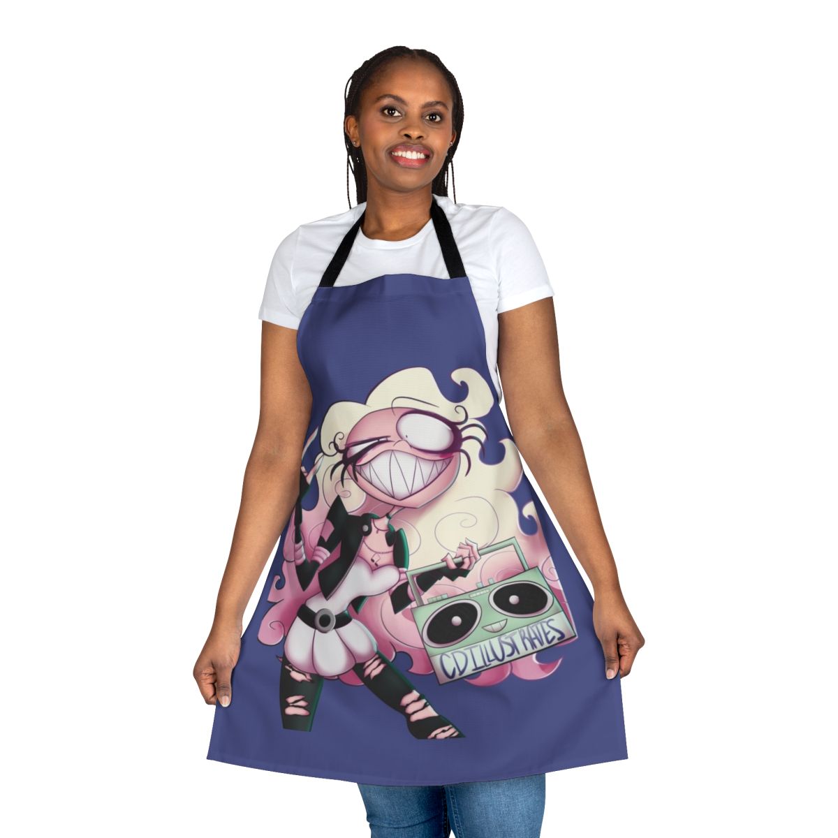 A personalized apron featuring a rock-themed character design, perfect for music enthusiasts in the kitchen.
