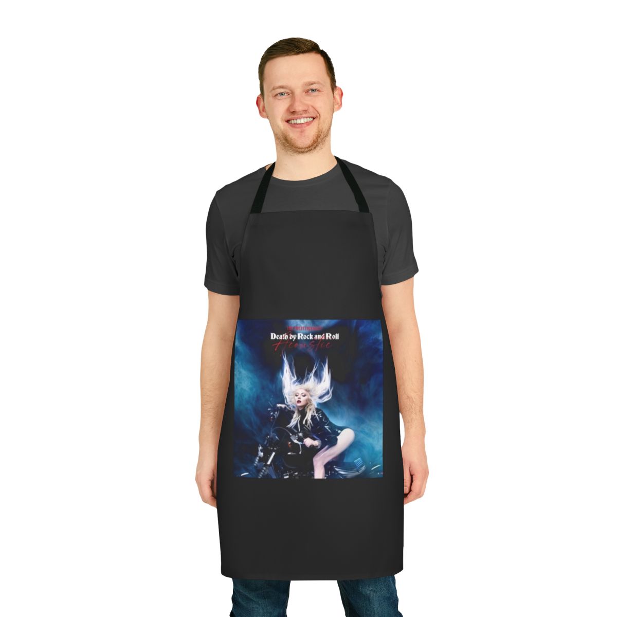 Rock-inspired apron featuring the "Death By Rock And Roll" design