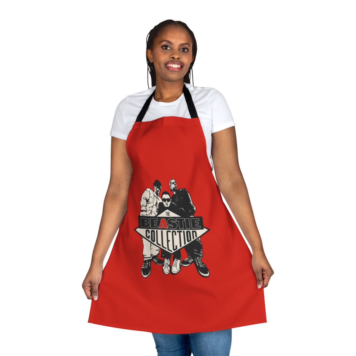 Red punk rock-inspired apron with skull and crossbone design for boys and music fans