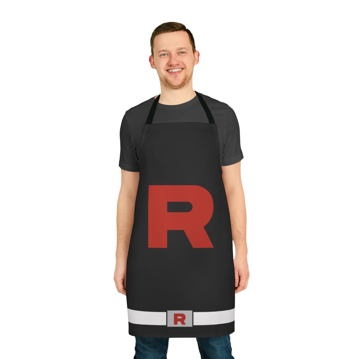 Image of a person wearing a Team Rocket-inspired apron with a rocket belt.