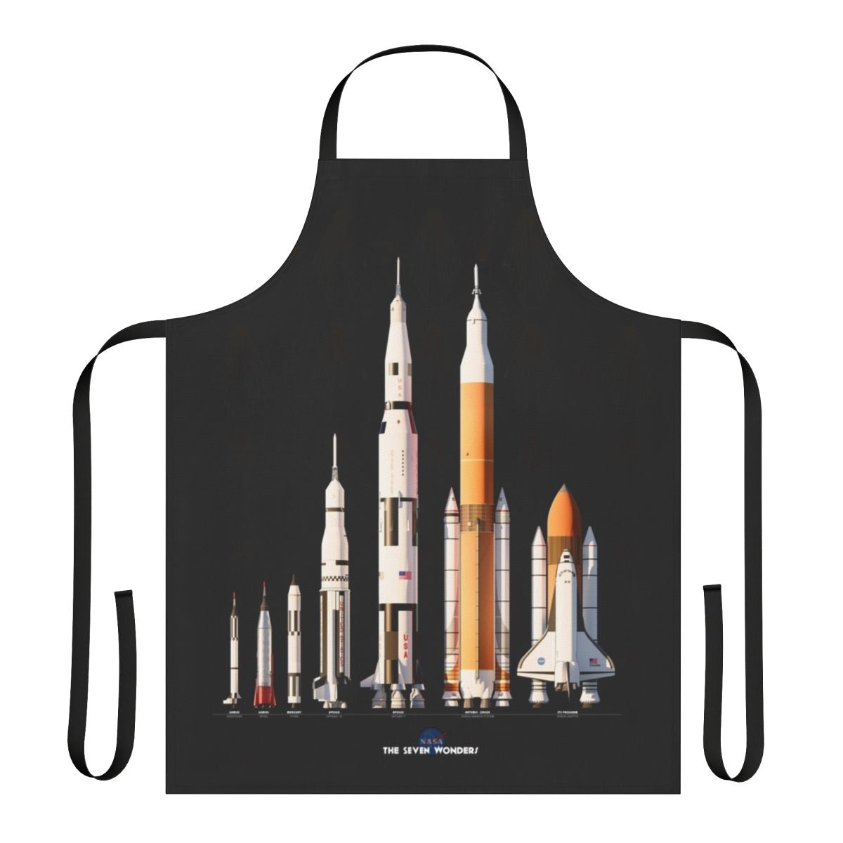 Apron with a black background featuring various NASA rockets and spaceships