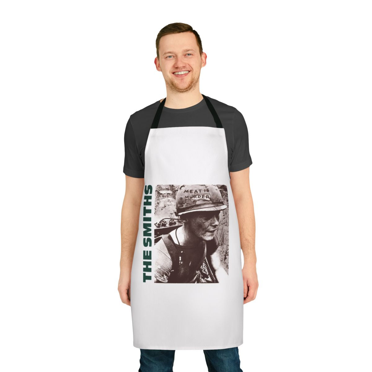 A stylish apron featuring the text "The Meat Soldiers" in a classic rock-inspired design.