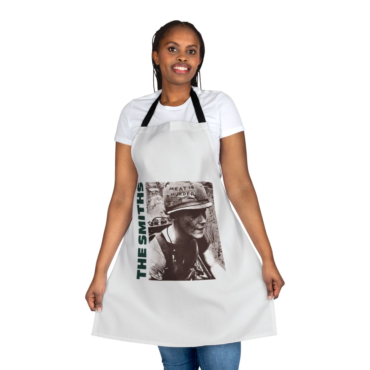 A stylish apron featuring the text "The Meat Soldiers" in a classic rock-inspired design.