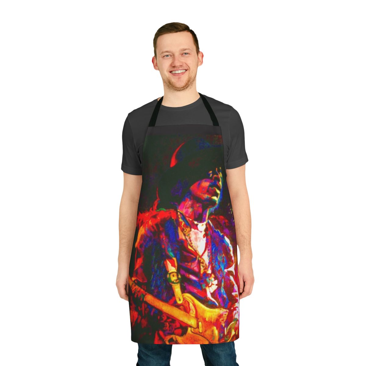 Stylish rock and roll themed apron with electric guitar and star design