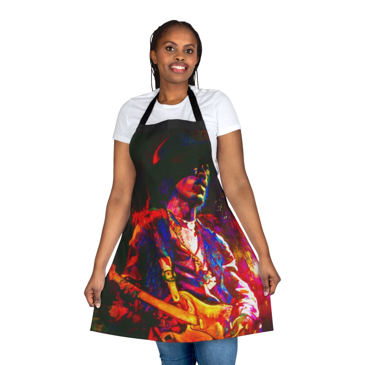 Stylish rock and roll themed apron with electric guitar and star design