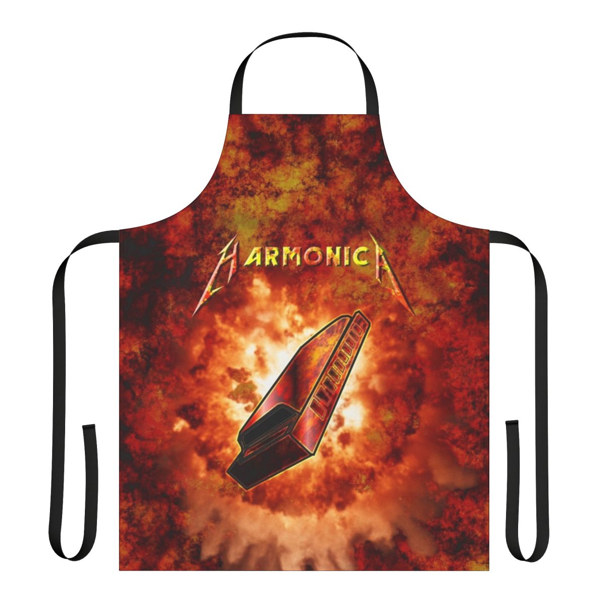 Hard rock harmonica apron with a vintage, retro, and parody design