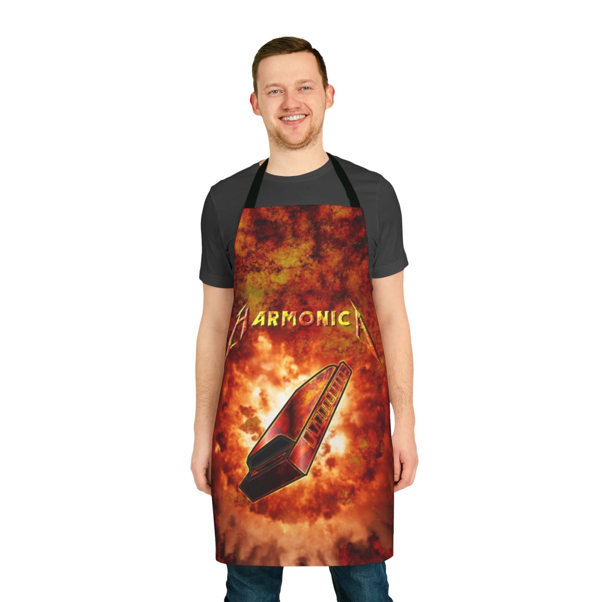 Hard rock harmonica apron with a vintage, retro, and parody design