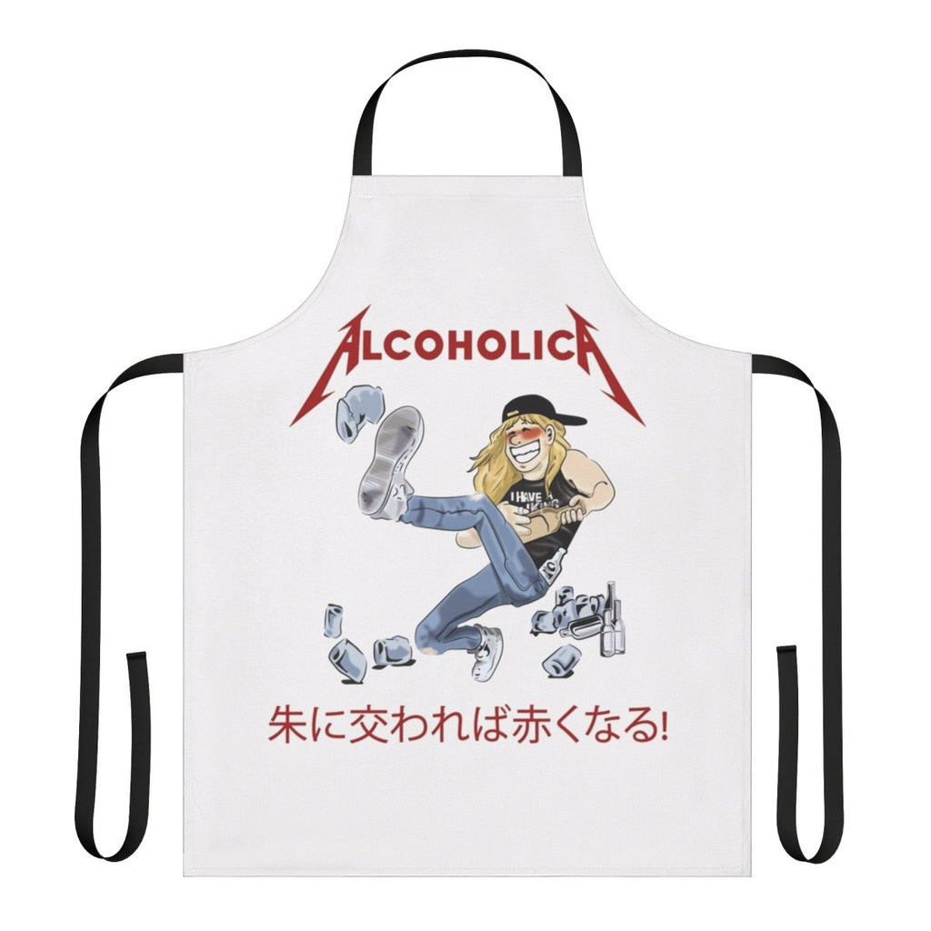 Rocking heavy metal apron with an anime-inspired illustration of a musician with long hair playing a guitar.