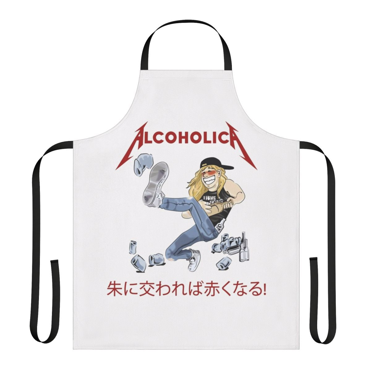 Rocking heavy metal apron with an anime-inspired illustration of a musician with long hair playing a guitar.
